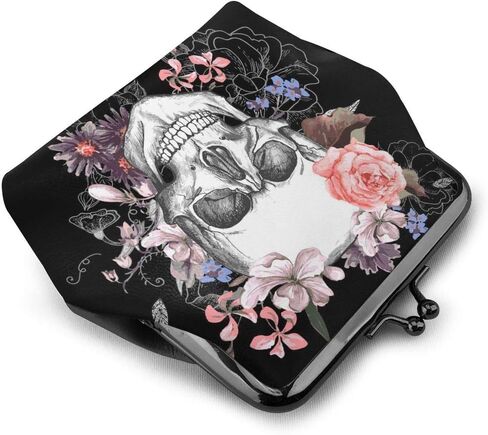 Skull And Flowers Day Of The Dead Leather Coin Purse Small Kiss-Lock Change Pouch Clasp Closure Buckle Wallet for Women Girl in Kuwait