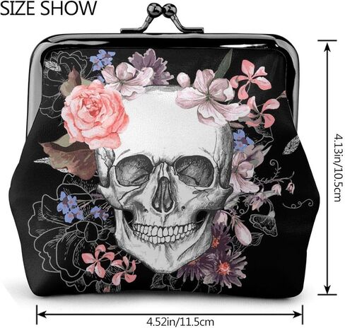 Skull And Flowers Day Of The Dead Leather Coin Purse Small Kiss-Lock Change Pouch Clasp Closure Buckle Wallet for Women Girl in Kuwait