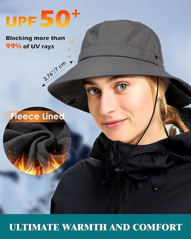 Waterproof Winter Bucket Hat for Women Men Fleece Lined Foldable Cowboy Rain Hat Adventure Hiking Ponytail Safari Sun Hat in Kuwait