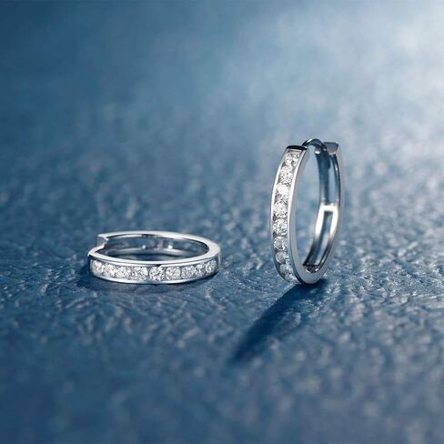 كارلين 925 أقراط حلقية من الفضة الإسترلينية إعداد القناة مستديرة مقلدة الماس مكونة من حجر الميلاد أقراط متمحورة من Huggie أقراط حلقية صغيرة متينة هدايا عيد ميلاد للنساء والفتيات بقطر 18 مم / 0.71 بوصة in Kuwait