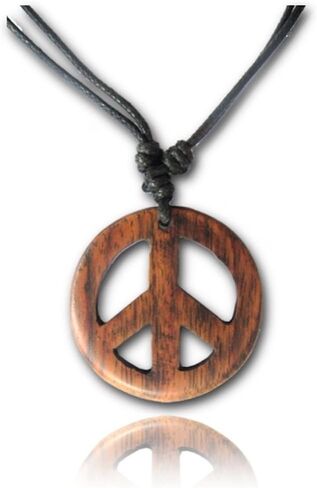 Earth Accessories Adjustable Peace Sign Pendant Necklace with Organic Wood - Hippie Accessories and Hippie Costume for 60s or 70s in Kuwait