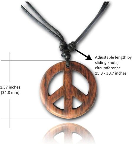 Earth Accessories Adjustable Peace Sign Pendant Necklace with Organic Wood - Hippie Accessories and Hippie Costume for 60s or 70s in Kuwait