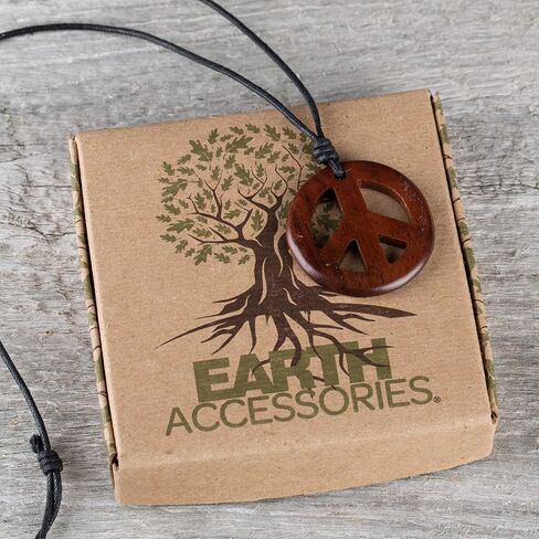 Earth Accessories Adjustable Peace Sign Pendant Necklace with Organic Wood - Hippie Accessories and Hippie Costume for 60s or 70s in Kuwait