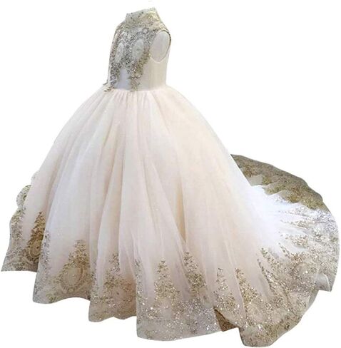 Gold Lace Flower Girls Pageant Dresses Long Puffy Prom Tulle Ball Gown in Kuwait