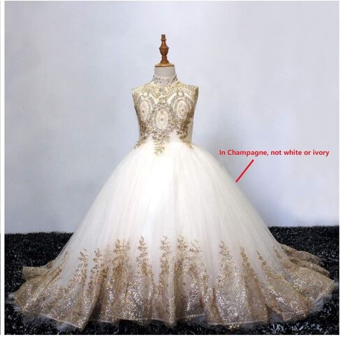 Gold Lace Flower Girls Pageant Dresses Long Puffy Prom Tulle Ball Gown in Kuwait
