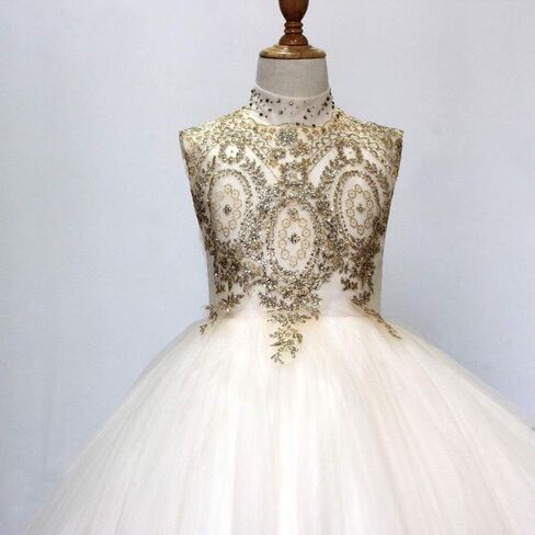 Gold Lace Flower Girls Pageant Dresses Long Puffy Prom Tulle Ball Gown in Kuwait