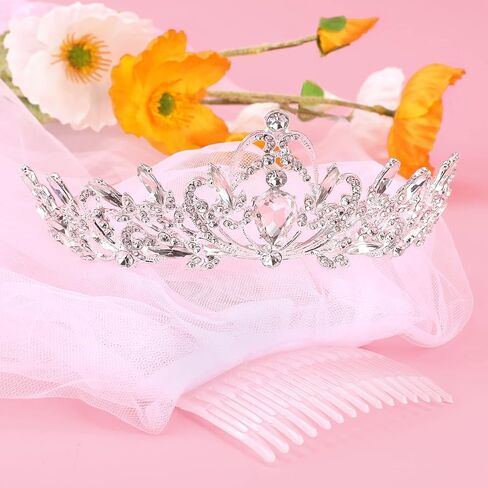 ويل توب تاج اميرة كريستالية مع مشط مزدوج الطبقات من الدانتيل للنساء والفتيات، اكسسوارات شعر لحفلات ما قبل الزفاف وحفلات الهالوين وحفلات المناولة الاولى هدايا العروس in Kuwait