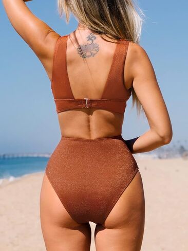 CUPSHE One Piece Swimsuit for Women Bathing Suit V Neck Cutout Sexy Swimwear Wide Straps Back Hook Shiny Texture in Saudi Arabia