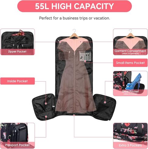 حمل حقيبة الملابس للسفر، حقائب دفل الملابس القابلة للتحويل من بوكير للنساء، حقيبة سفر مناسبة مع حجرة للأحذية، 2 في 1 حقيبة ملابس معلقة تناسب حقائب القماش الخشن، زهور الفاوانيا السوداء in Kuwait
