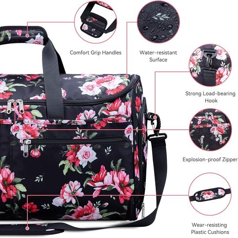 حمل حقيبة الملابس للسفر، حقائب دفل الملابس القابلة للتحويل من بوكير للنساء، حقيبة سفر مناسبة مع حجرة للأحذية، 2 في 1 حقيبة ملابس معلقة تناسب حقائب القماش الخشن، زهور الفاوانيا السوداء in Kuwait