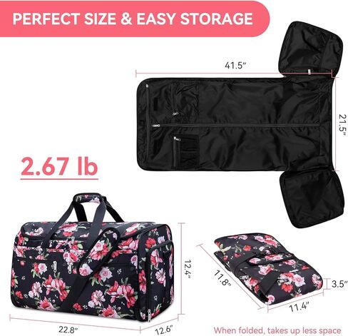 حمل حقيبة الملابس للسفر، حقائب دفل الملابس القابلة للتحويل من بوكير للنساء، حقيبة سفر مناسبة مع حجرة للأحذية، 2 في 1 حقيبة ملابس معلقة تناسب حقائب القماش الخشن، زهور الفاوانيا السوداء in Kuwait