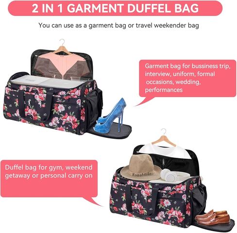 حمل حقيبة الملابس للسفر، حقائب دفل الملابس القابلة للتحويل من بوكير للنساء، حقيبة سفر مناسبة مع حجرة للأحذية، 2 في 1 حقيبة ملابس معلقة تناسب حقائب القماش الخشن، زهور الفاوانيا السوداء in Kuwait