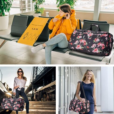حمل حقيبة الملابس للسفر، حقائب دفل الملابس القابلة للتحويل من بوكير للنساء، حقيبة سفر مناسبة مع حجرة للأحذية، 2 في 1 حقيبة ملابس معلقة تناسب حقائب القماش الخشن، زهور الفاوانيا السوداء in Kuwait