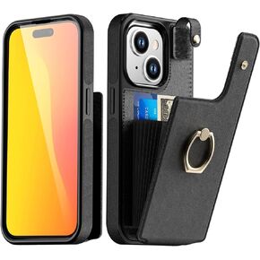 AICase Card Holder Case Compatible with iPhone 15, Compatible with iPhone 15 Wallet Phone Case Leather Protective Cover for Women with Ring Kickstand and 8 Credit Card Slots, Beige