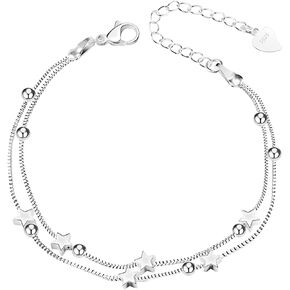 VGWON Silver 925 Charm Link Bracelet with Stars and Beads for Women Charm Chain Bracelet Gift for Teen Girls - Adjustable Length