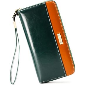 ANDOILT Womens RFID Blocking Genuine Leather Zip Around Wallets Large Cell Phone Holder Clutch Travel Purse Wristlet Green