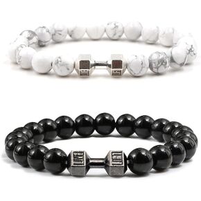 NORLSO Black Dumbbell Bracelet for Men Gym Bros Bracelet Volcanic Lava Stone Adjustable Natural Stone Beads Bracelet Fitness Barbell Jewelry for Men