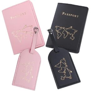 Bekecidi 2 Pieces Luggage Tags and 2 Pieces Passport Covers, PU Leather Document Sets Passport Holder Baggage Labels Organizer Case for Storing Passport Boarding Passes Credit Cards Label Card
