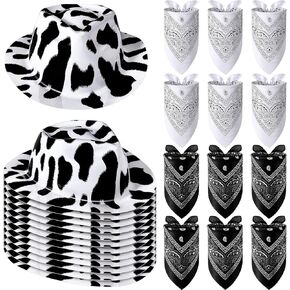 24 Pcs Cow Print Cowboy Hats with Bandana, Felt Cow Print Cowgirl Hat Unisex Black White Cowboy Hat for Kids Adults Western Costume Party in Kuwait