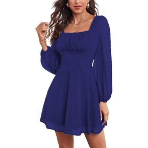 LYANER Women's Polka Dots Square Neck A line Long Sleeve Swiss Dots Mini Dress