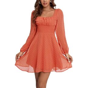 LYANER Women's Polka Dots Square Neck A line Long Sleeve Swiss Dots Mini Dress in Saudi Arabia