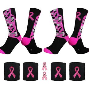 ernatspo 2 Pairs of Breast Cancer Awareness Socks with Pink Ribbon, Sports Wristbands and Lapel Pin Set - Athletic Crew Socks in Saudi Arabia
