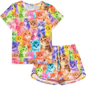 Jxstar Classic Girls Short-Sleeved Pajamas Two-Piece Summer Pj Sets 3-13Y