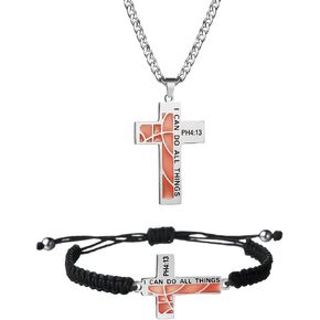 2Pcs Basketball Cross Necklace I CAN DO ALL THINGS Stainless Steel Basketball Bracelet Inspirational Sports Necklace for Men Women Boys Football Gifts(Silver) in Saudi Arabia