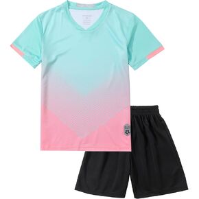 Hiheart Boys Quick Dry Short Sleeve T-shirt and Mesh Shorts Soccer Set