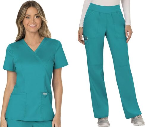 مجموعة ملابس العمل النسائية من Cherokee Revolution WW610 Mock Wrap Top & WW110 Mid Rise Straight Leg Pull-on Pant، أزرق مخضر - M Top / M Pant in Saudi Arabia