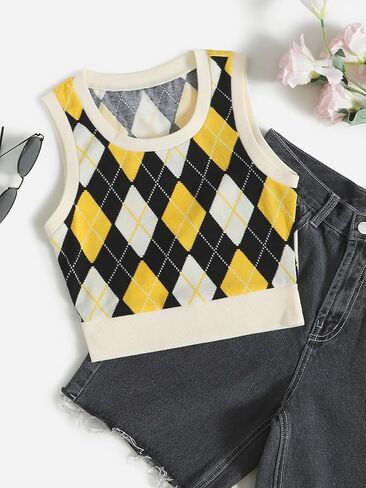 Verdusa Women's Argyle Print Sleeveless Round Neck Sweater Vest Tank Top in Kuwait