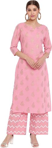 Janasya Women's Pink Cotton Kurta with Palazzo in Saudi Arabia