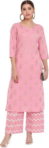 Janasya Women's Pink Cotton Kurta with Palazzo in Saudi Arabia