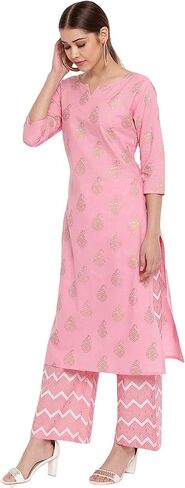 Janasya Women's Pink Cotton Kurta with Palazzo in Saudi Arabia