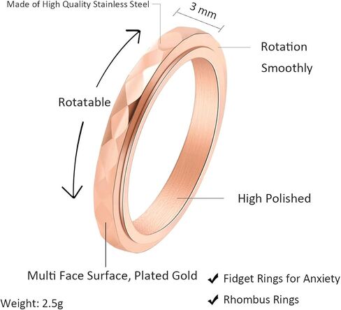 Nanafast 3mm Titanium Steel Anxiety Rings for Women Men Multi-faceted Wedding Band Fidget Rings for Anxiety for Women Rhombus Spinner Ring for Stess Relief Comfort Fit for Engagement in Kuwait