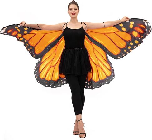 رداء جناح فراشة مونارك للنساء من جاست فور بارتي، فستان كيب فراشة للبالغين للهالوين، اصفر برتقالي، مقاس واحد in Kuwait