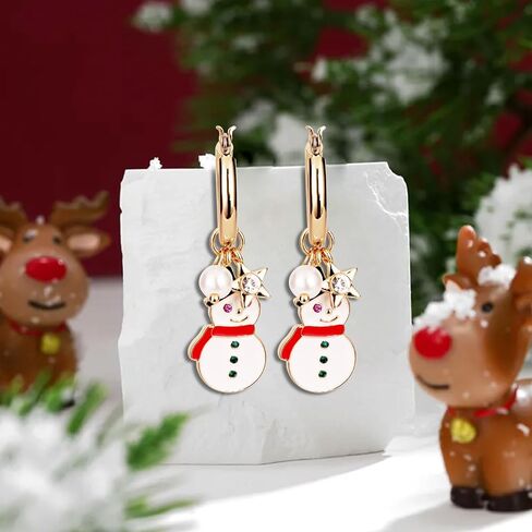 Gold Hoop Snowman Earrings for Women - Dainty 18k Gold Plated Christmas Gifts for Teen Girls, Fashion Pearl, Star Dangle Earrings in Saudi Arabia