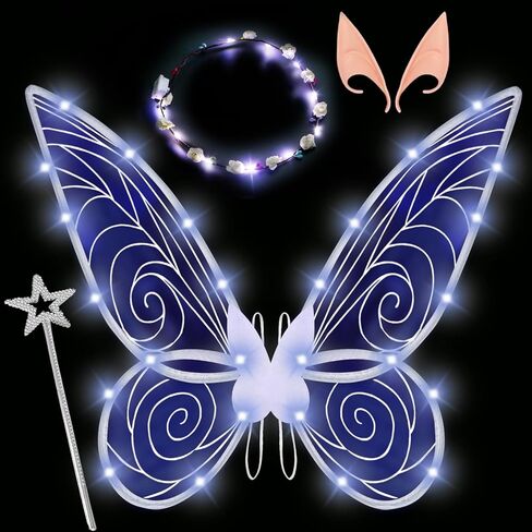 Halloween Fairy Costume for Women Girls Light Up Fairy Wings - Elf Ears,Fairy Wand and LED Wings&Crown Full Set Tinkerbell Costume,White Fairy Butterfly Angel Wings Accessories for Party Cosplay in Kuwait