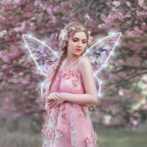 Halloween Fairy Costume for Women Girls Light Up Fairy Wings - Elf Ears,Fairy Wand and LED Wings&Crown Full Set Tinkerbell Costume,White Fairy Butterfly Angel Wings Accessories for Party Cosplay in Kuwait