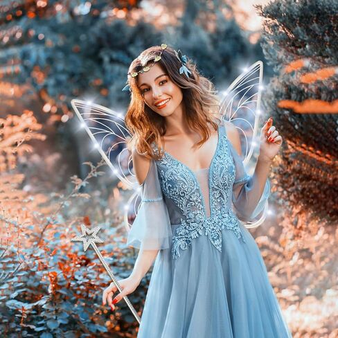 Halloween Fairy Costume for Women Girls Light Up Fairy Wings - Elf Ears,Fairy Wand and LED Wings&Crown Full Set Tinkerbell Costume,White Fairy Butterfly Angel Wings Accessories for Party Cosplay in Kuwait
