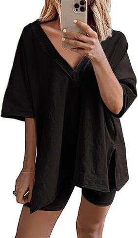 Bufushaoh Women's Oversized 2 Piece Outfits V Neck T-Shirts Biker Shorts Tracksuit Hot Shot Reversible Sets in Kuwait