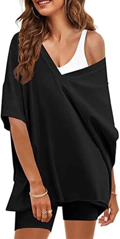 Bufushaoh Women's Oversized 2 Piece Outfits V Neck T-Shirts Biker Shorts Tracksuit Hot Shot Reversible Sets in Kuwait