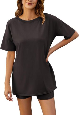Bufushaoh Women's Oversized 2 Piece Outfits V Neck T-Shirts Biker Shorts Tracksuit Hot Shot Reversible Sets in Kuwait