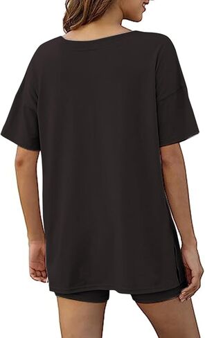 Bufushaoh Women's Oversized 2 Piece Outfits V Neck T-Shirts Biker Shorts Tracksuit Hot Shot Reversible Sets in Kuwait