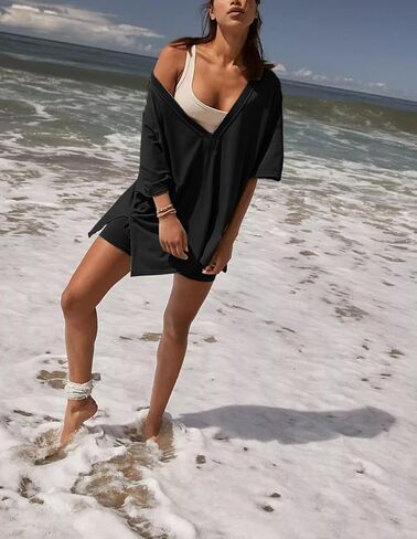 Bufushaoh Women's Oversized 2 Piece Outfits V Neck T-Shirts Biker Shorts Tracksuit Hot Shot Reversible Sets in Kuwait