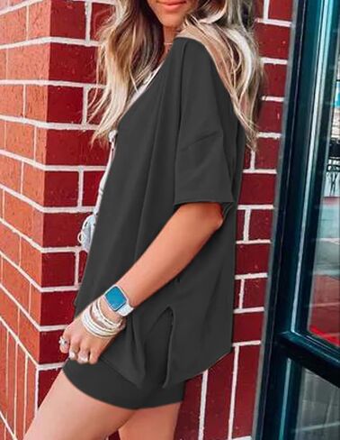 Bufushaoh Women's Oversized 2 Piece Outfits V Neck T-Shirts Biker Shorts Tracksuit Hot Shot Reversible Sets in Kuwait