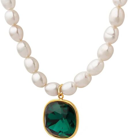 Aleasha Green Pendant Freshwater Pearl Strand Gold Necklace 16" Dainty Crystal Small Pearl Necklace for Women Jewelry Gifts in Kuwait