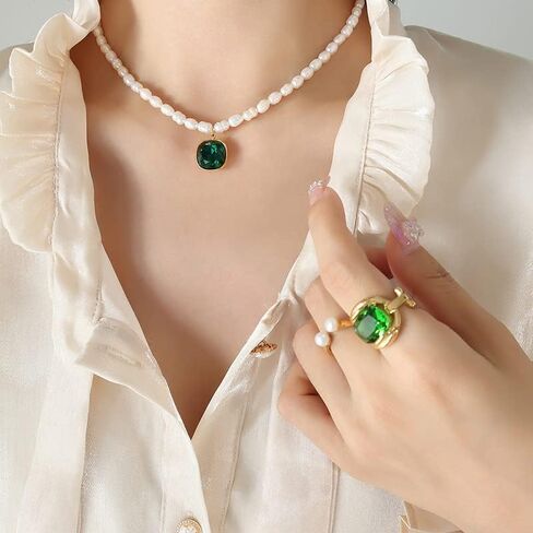 Aleasha Green Pendant Freshwater Pearl Strand Gold Necklace 16" Dainty Crystal Small Pearl Necklace for Women Jewelry Gifts in Kuwait