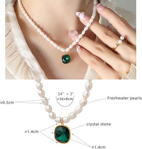 Aleasha Green Pendant Freshwater Pearl Strand Gold Necklace 16" Dainty Crystal Small Pearl Necklace for Women Jewelry Gifts in Kuwait