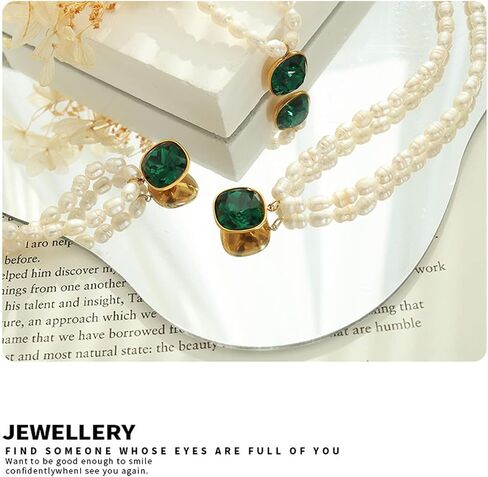 Aleasha Green Pendant Freshwater Pearl Strand Gold Necklace 16" Dainty Crystal Small Pearl Necklace for Women Jewelry Gifts in Kuwait